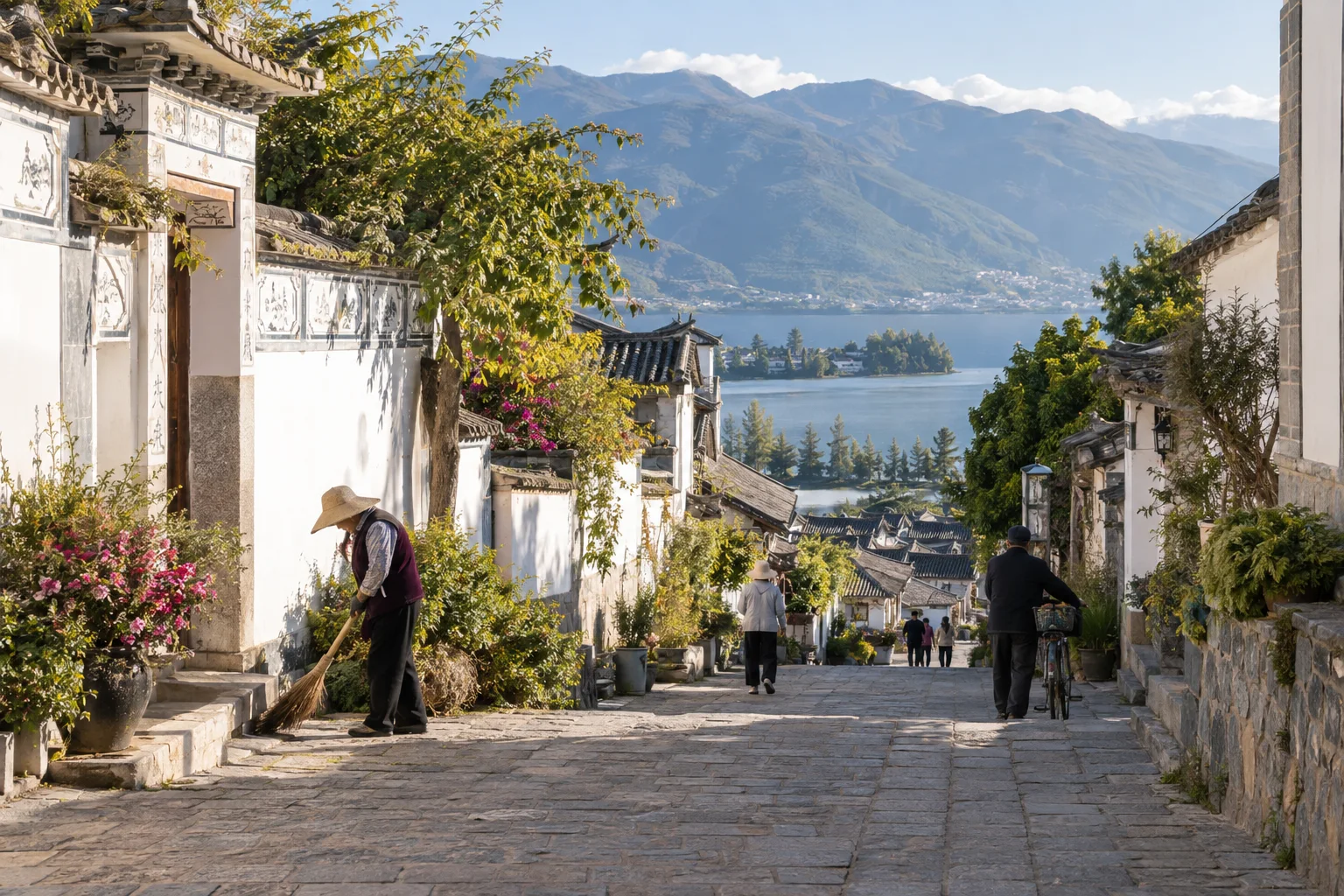 Morning life in a Bai village lane overlooking Erhai near Dali