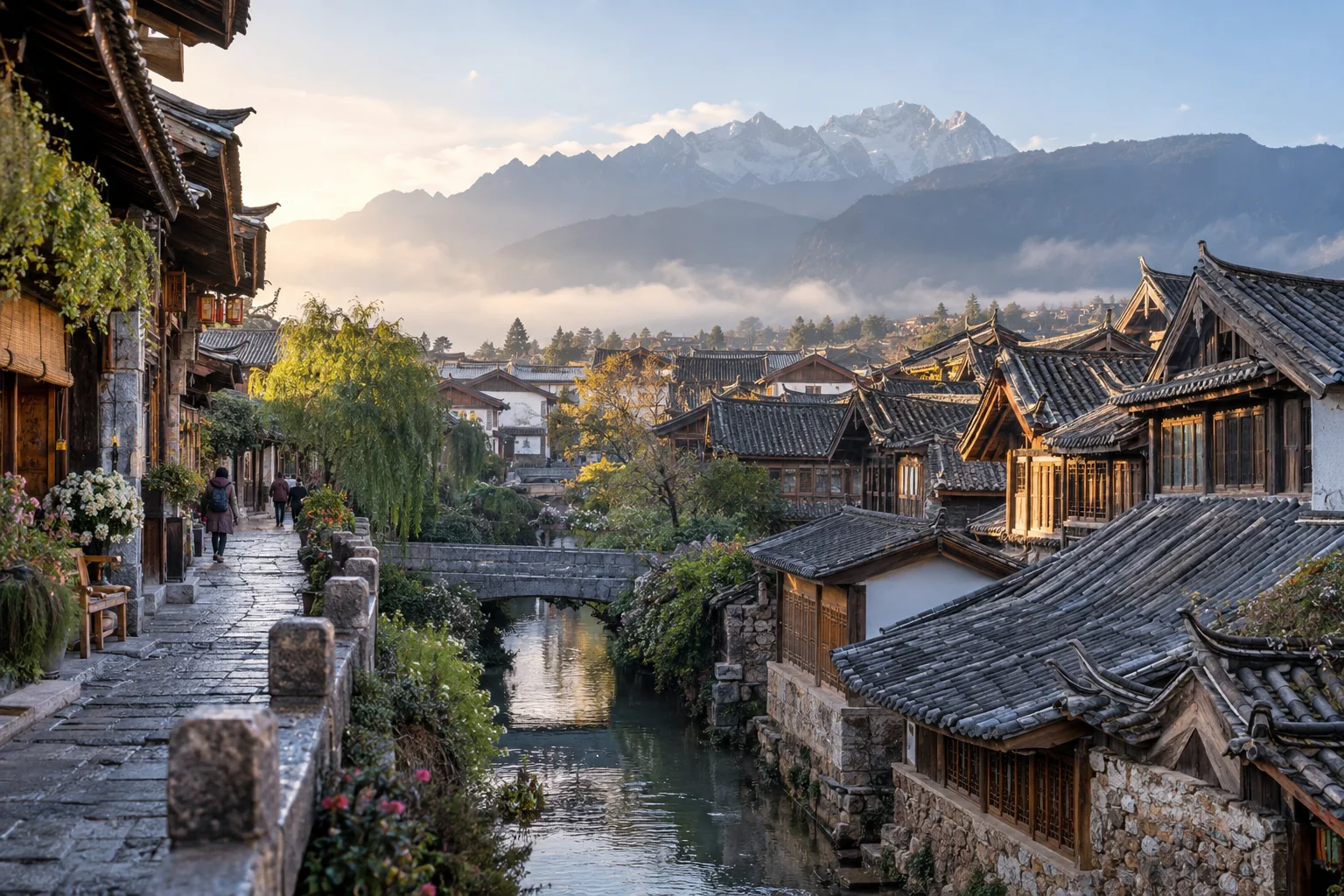 Lijiang Old Town rooftops beneath mountains