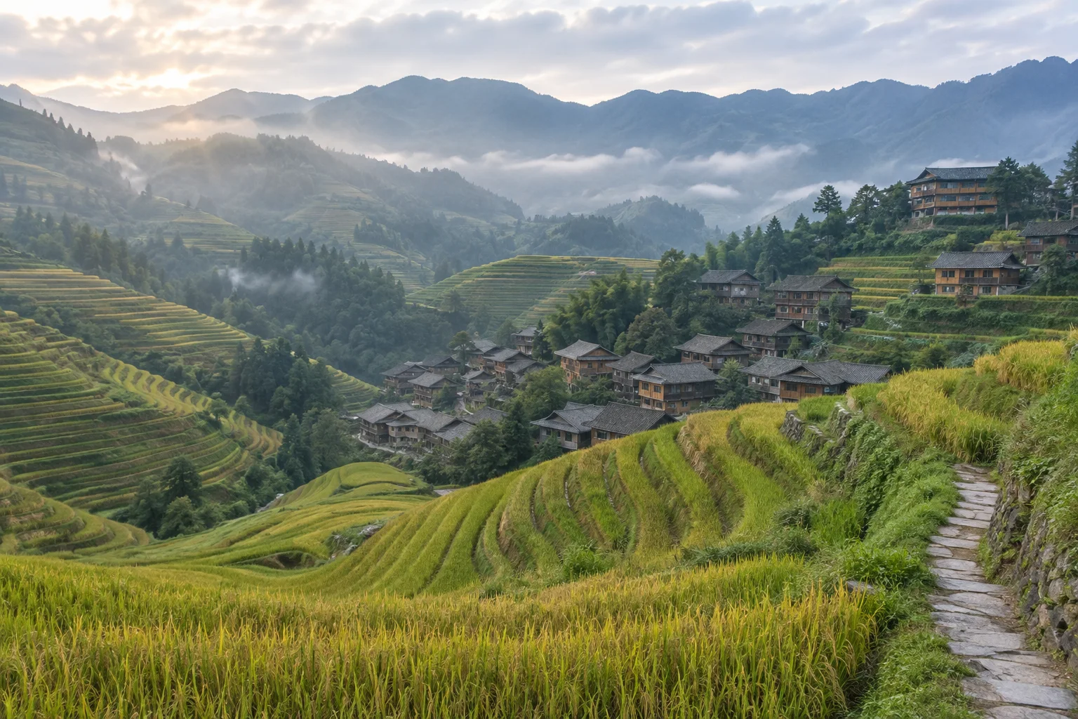Rice terraces folded around a mountain valley