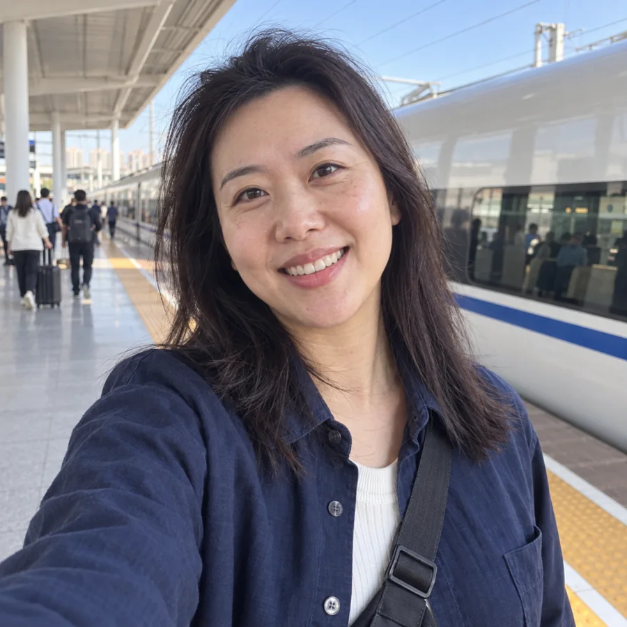 Natural-light illustrative portrait of a specialist on a first China rail journey