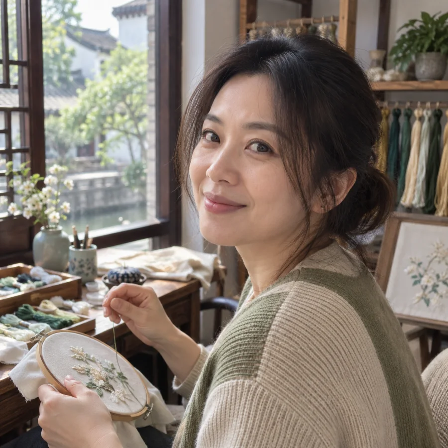 Natural-light illustrative portrait of a specialist in a Jiangnan craft workshop