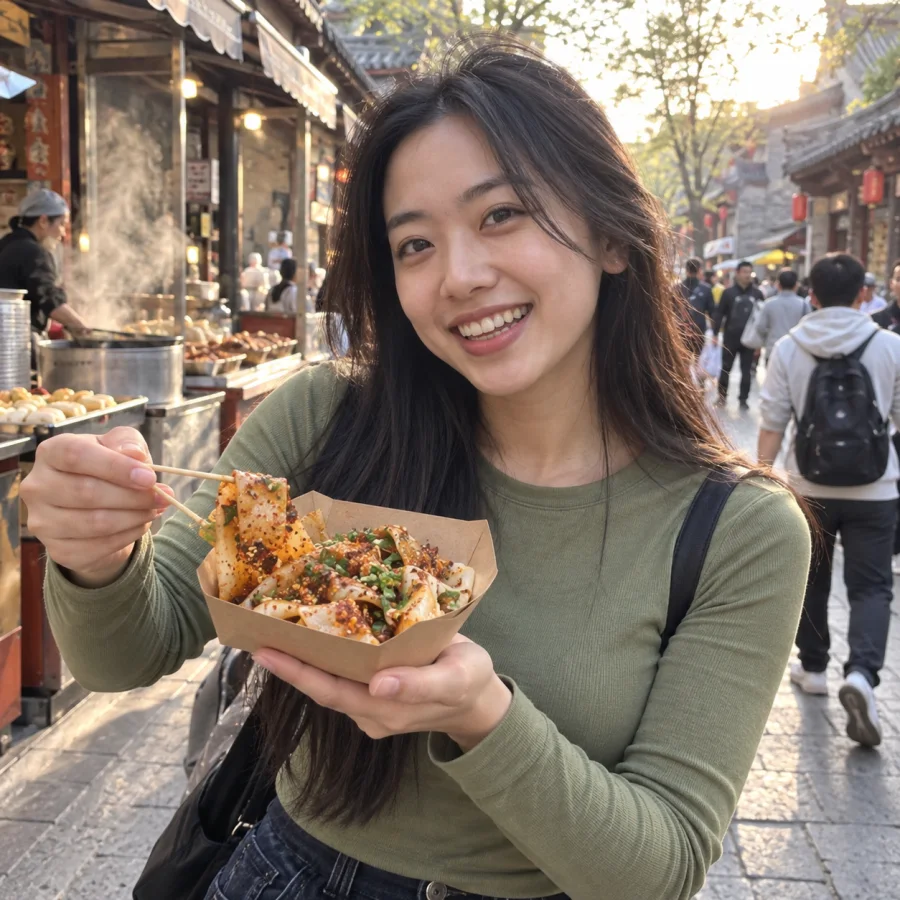 Natural-light illustrative portrait of a specialist exploring Xi’an food culture