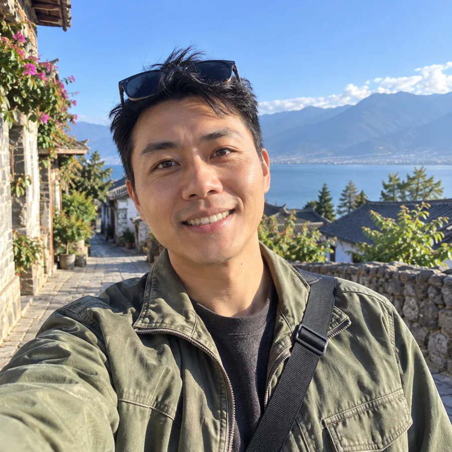 Natural-light illustrative selfie of a specialist on a Yunnan highland journey